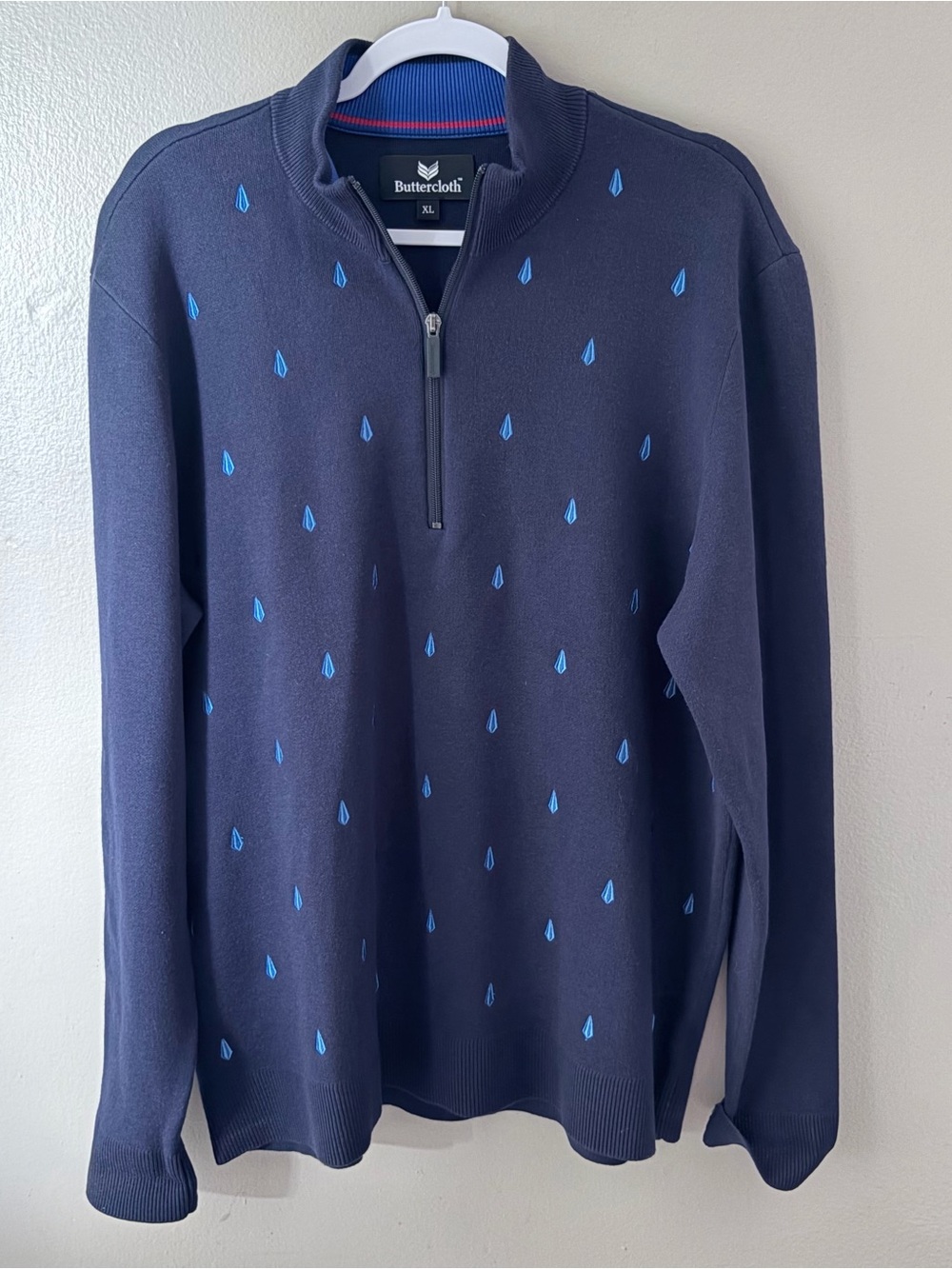 Buttercloth Quarter Zip Sweater Men XL Navy Blue Geometric Knit Pullover